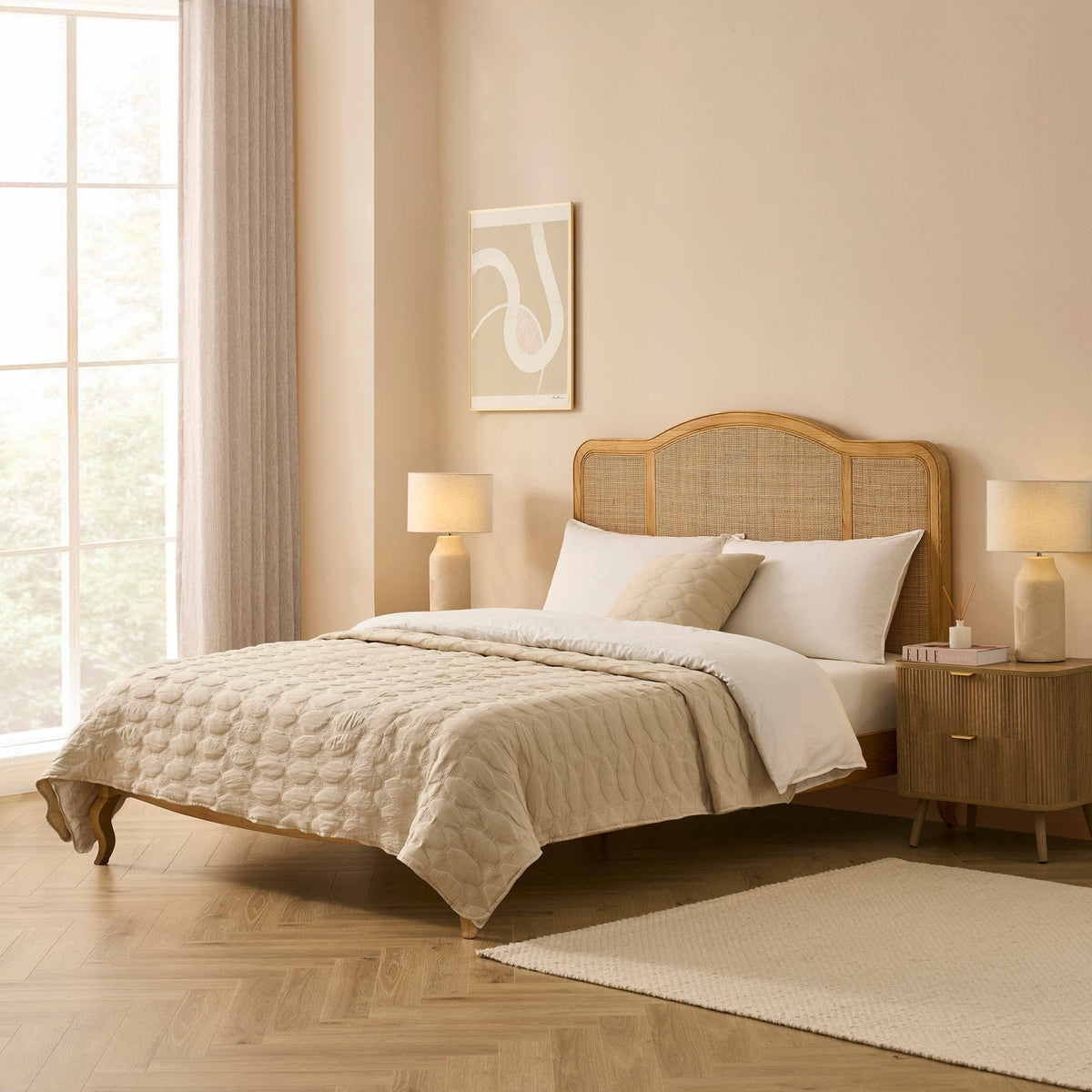 Annecy Natural Rattan Bed Frame with Sprung Slat Base and Curved Headboard